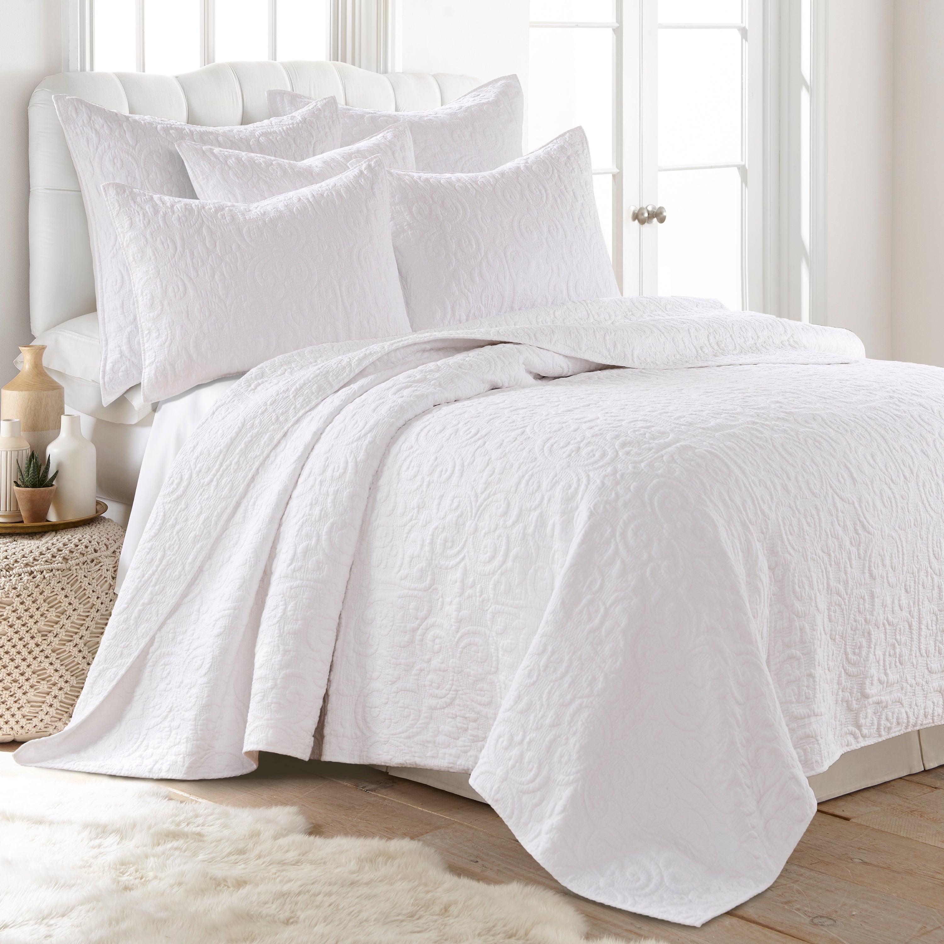 Levtex Home Birch Hill Sherbourne Quilt - Quilted Medallion White with White Stitch - Full/Queen Quilt (88x92) - Reversible Pattern - Cotton Front/Microfiber Reverse - Shams Sold Separately