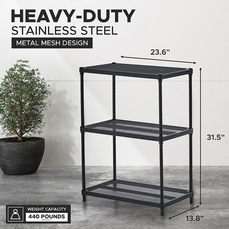 Design Ideas Meshworks 3 Tier Full-size Metal Storage Shelving Unit Rack， Black