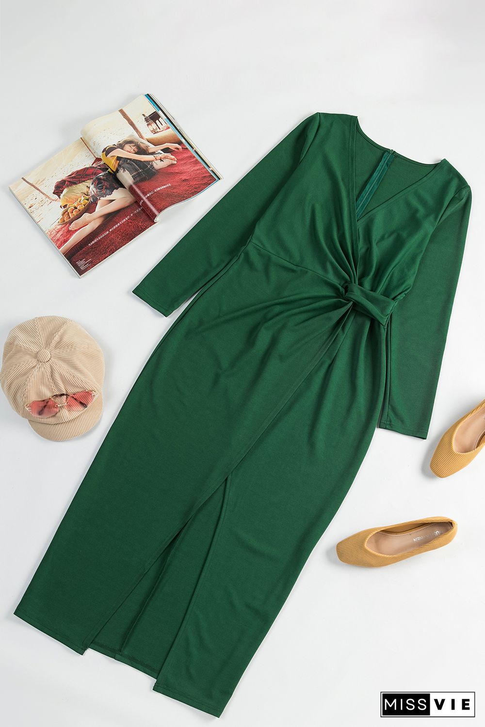 Green Long Sleeve V Neck Twist Front Slit Long Dress