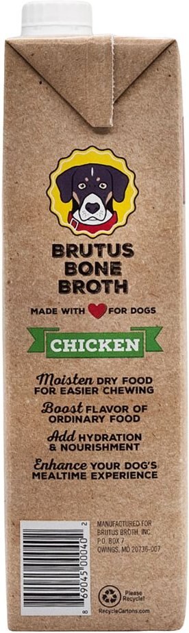 Brutus Broth Bone Broth Chicken Flavor Hip and Joint Human-Grade Dog Food Topper， 32-oz box