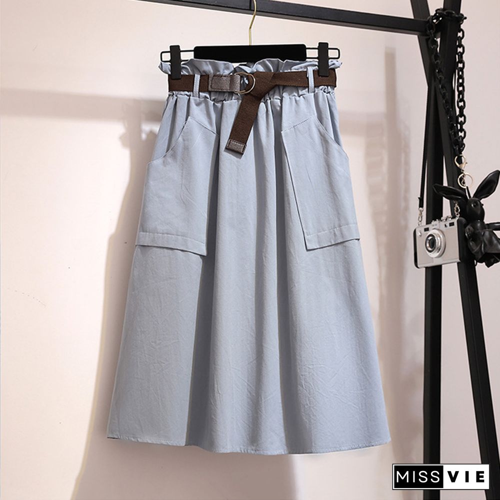 Midi Knee Length Summer Skirt Women With Belt Spring Casual Cotton Solid High Waist Sun School Skirt Female