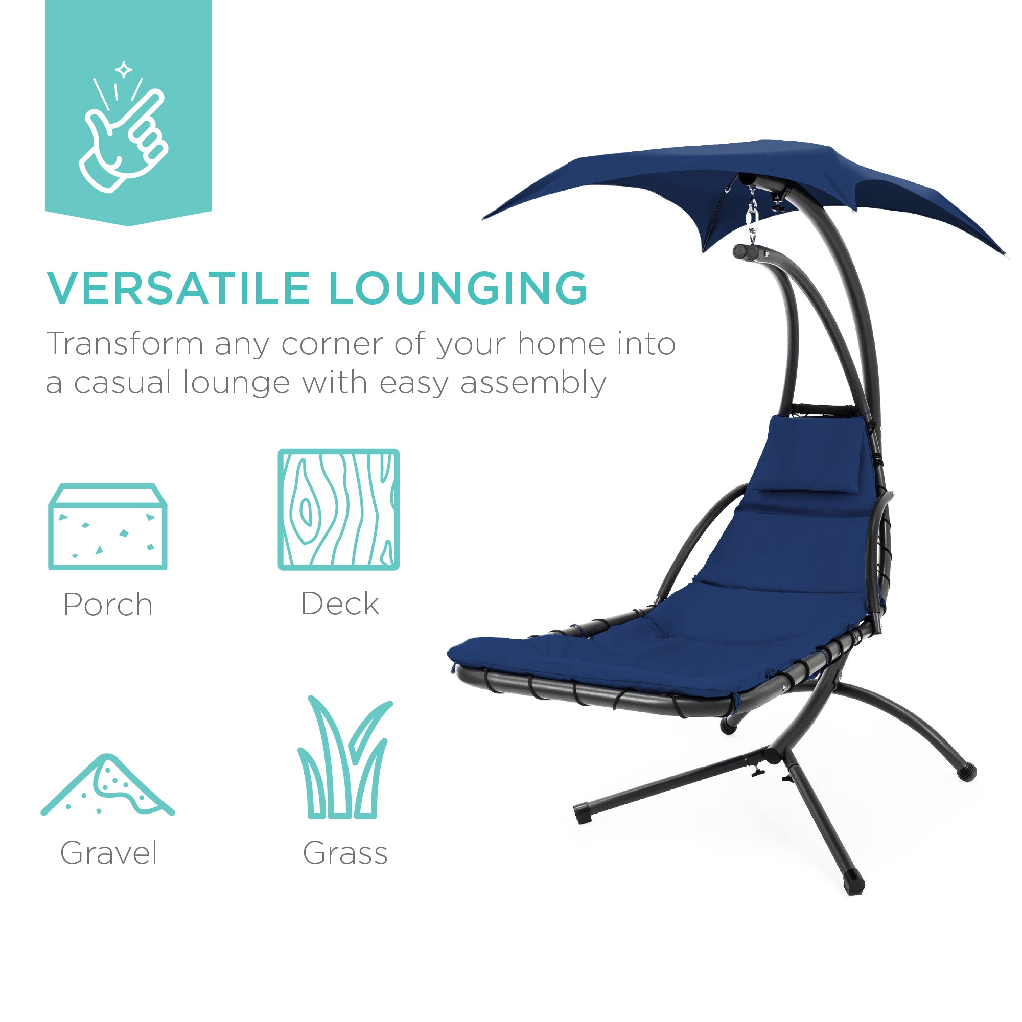 Best Choice Products Hanging Curved Chaise Lounge Chair Swing for Backyard, Patio w/ Pillow, Shade, Stand - Navy Blue