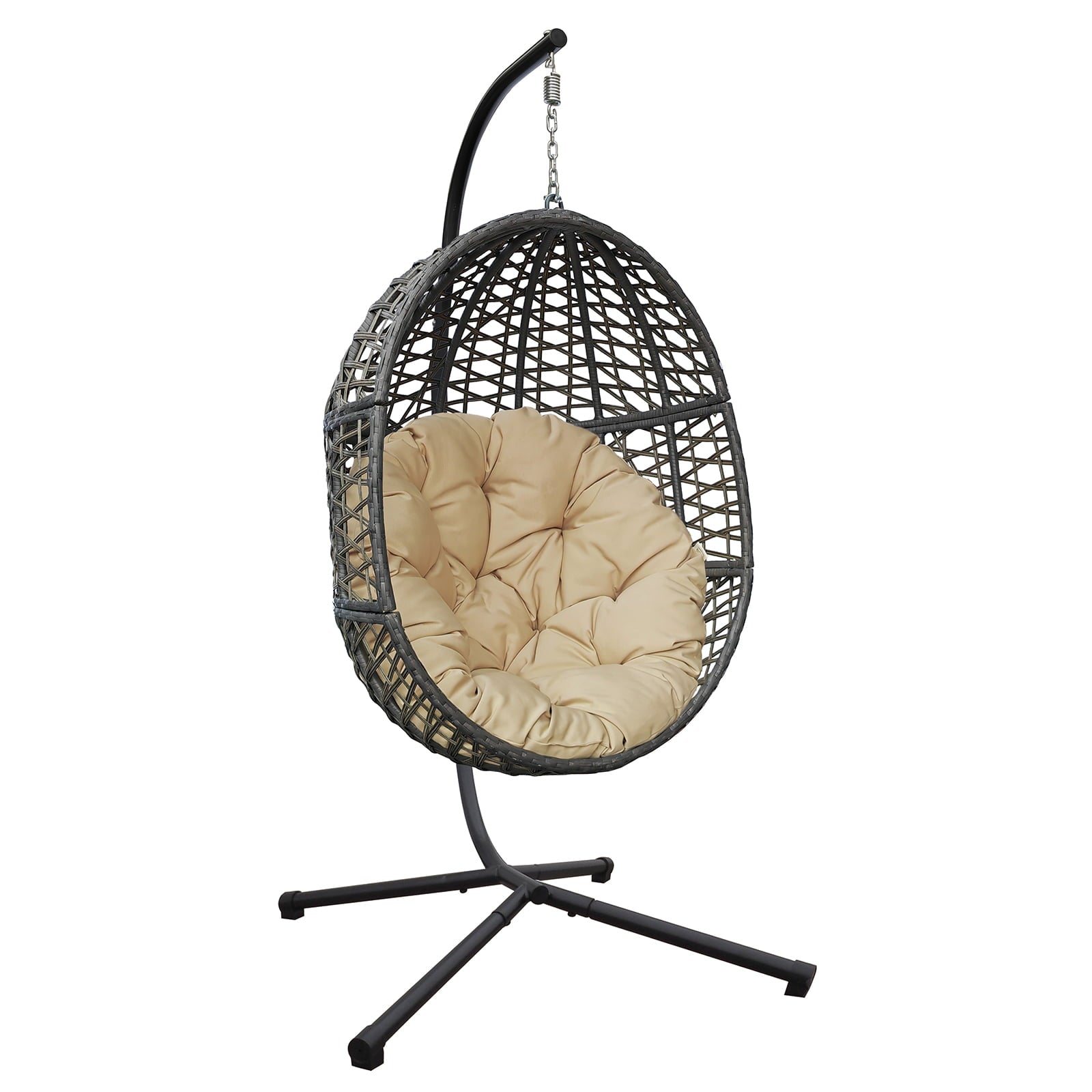 Arttoreal Wicker Basket Swing Chair, Hanging Egg Chairs with Durable Stand and Waterproof Cushion for Outdoor Patio, Khaki