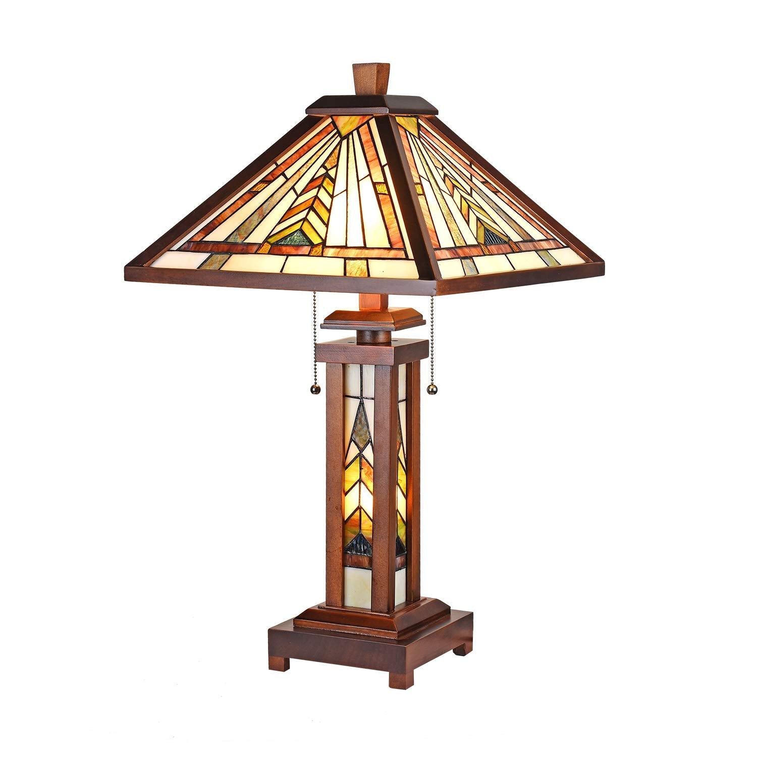 Vinplus Tiffany Table Lamp Night Light 16" Wide Handmade Stained Glass Lamp Shade 3 Light Wooden Frame Mission Style Vintage Table Lamp