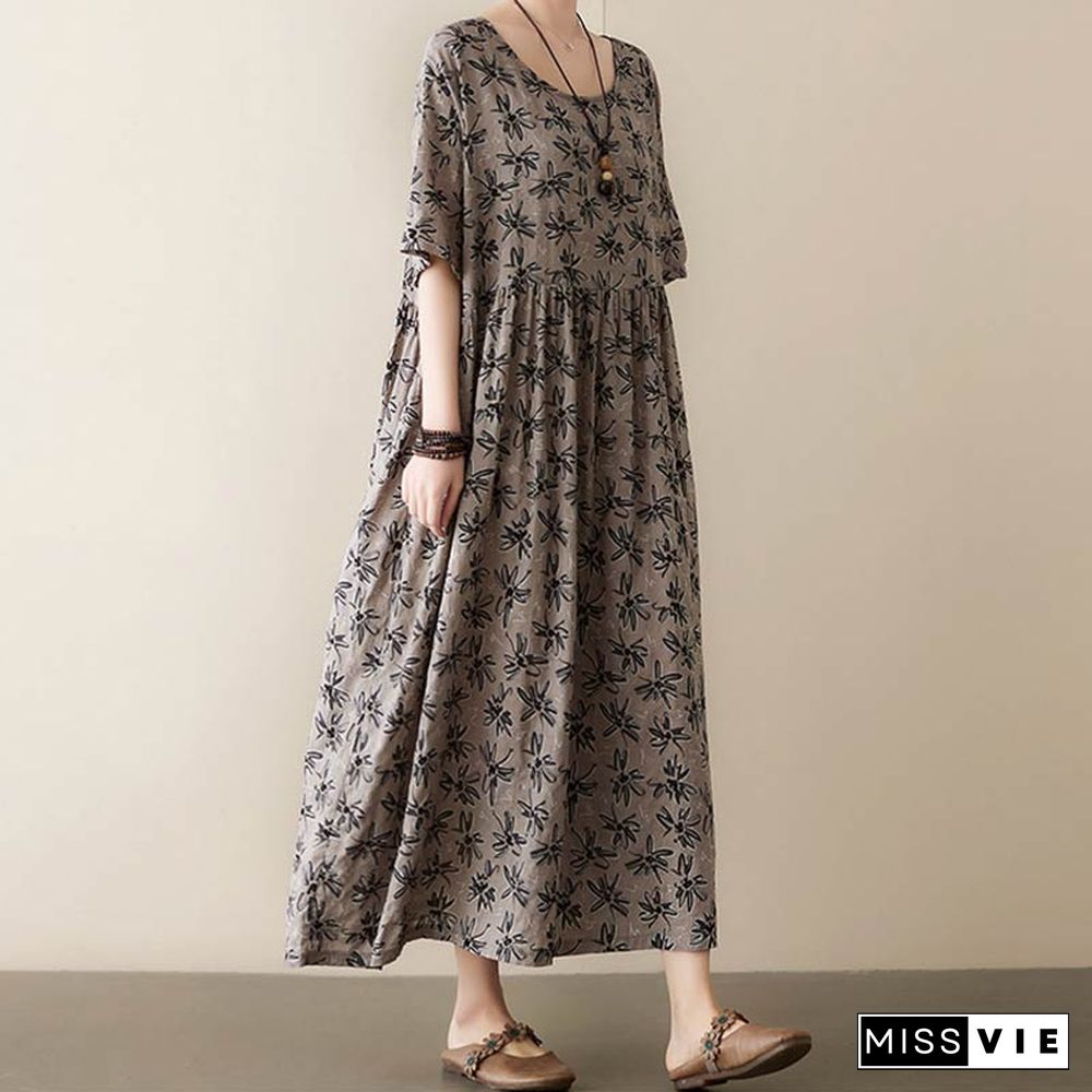 Vintage Floral Print Pocket Loose Linen Dress