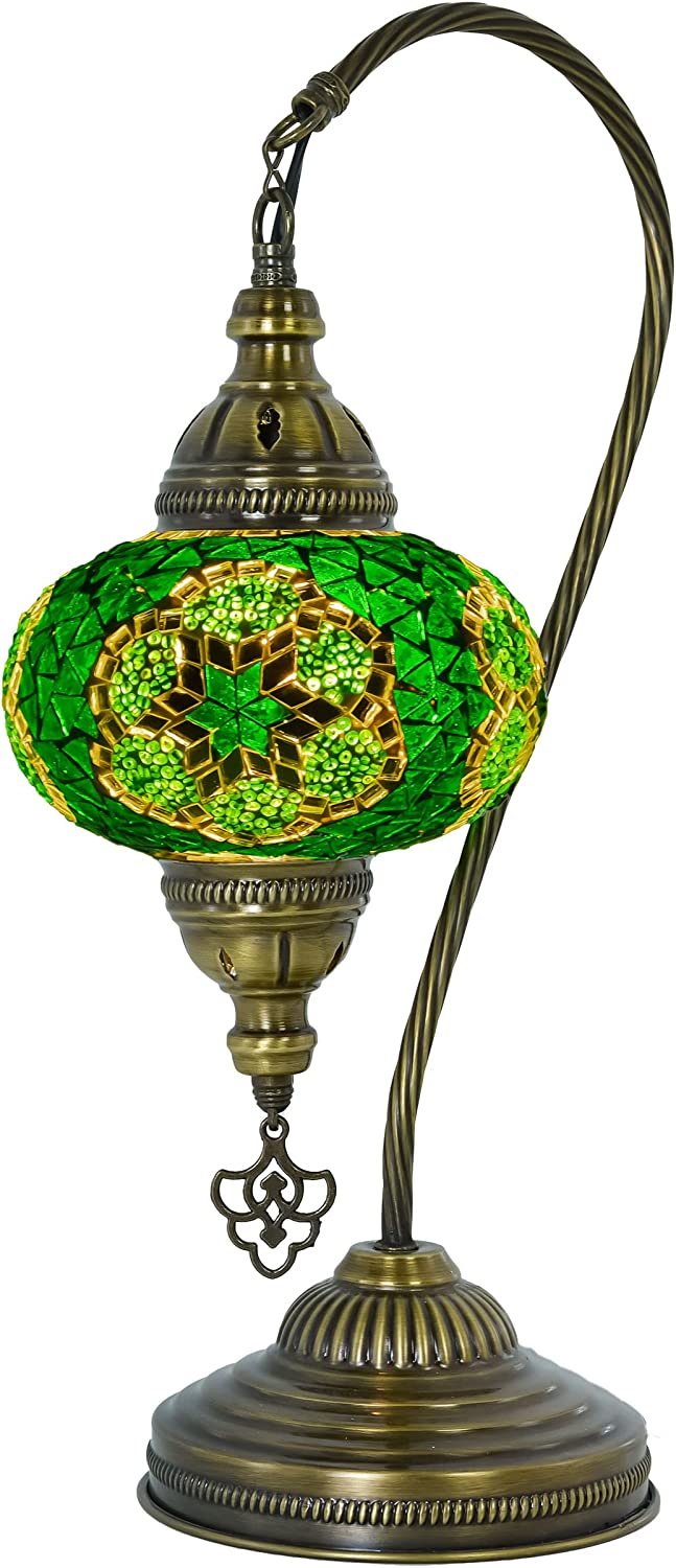 GEDUBIUBOO Moroccan Mosaic Tiffany Style Desk Lamp  Turkish Stained Glass Handmade Bedside Gooseneck Table Lamp  Bohemian Living Room Vintage Light with E12 Socket &amp;  Plug (Dark Green