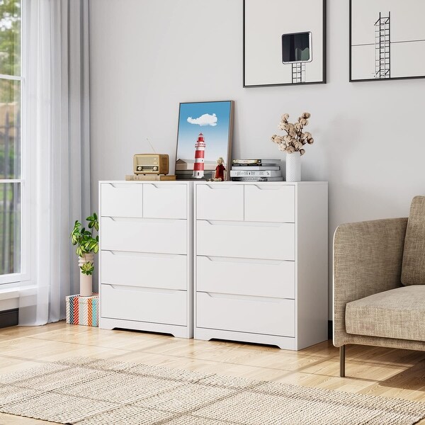 Modern 5 Drawer Dresser， Chest of Drawers with Storage， Wood Clothing Organizer with Cut-Out Handles， Accent Storage Cabinet - - 37668294