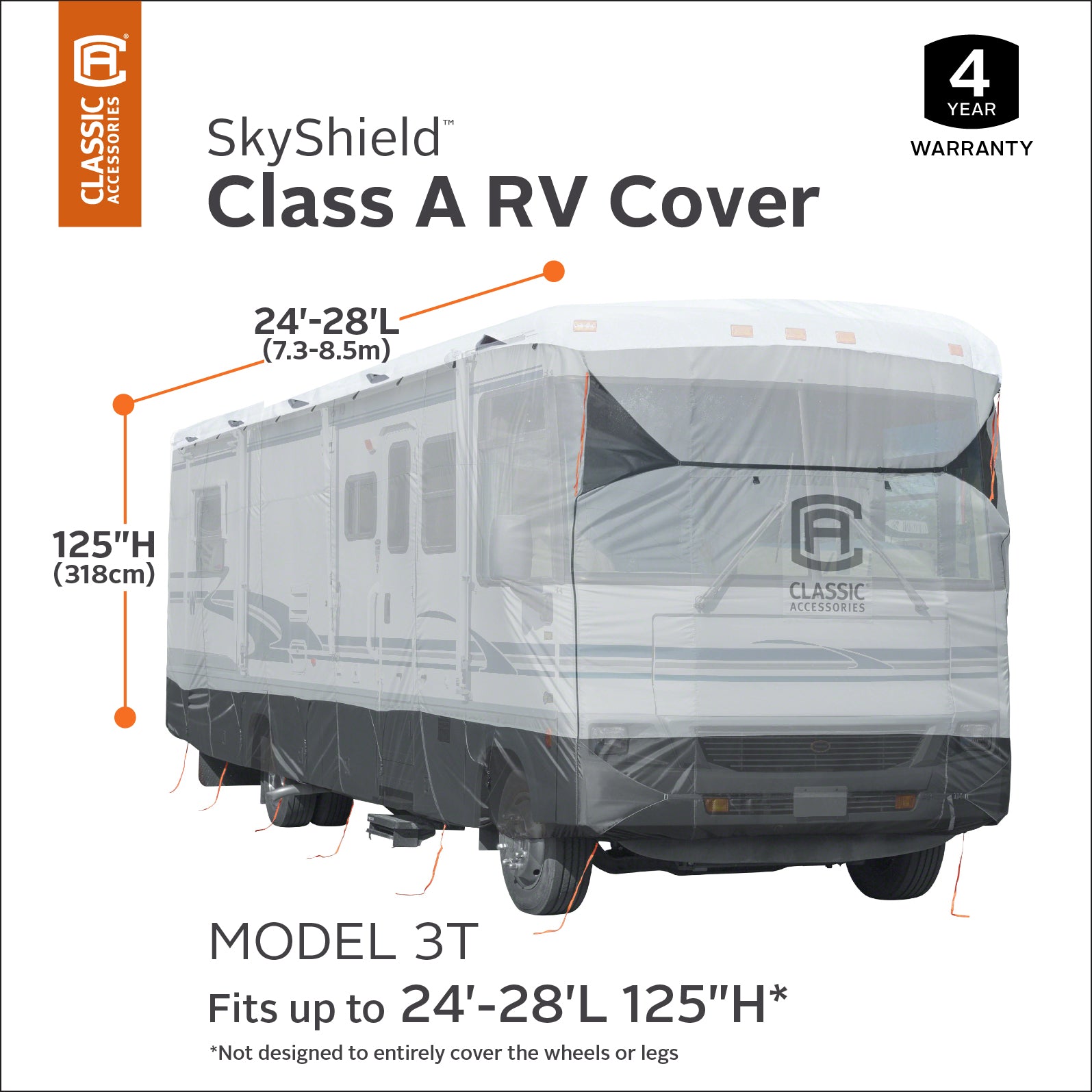 Classic Accessories Over Drive SkyShield Deluxe Water Repellent Class A RV Cover， Fits 24' - 28'L x 125