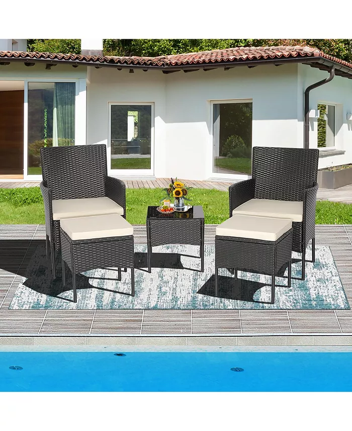 Costway 5PCS Patio Rattan Furniture Set Cushioned Sofa Ottoman Armrest Side Table Garden