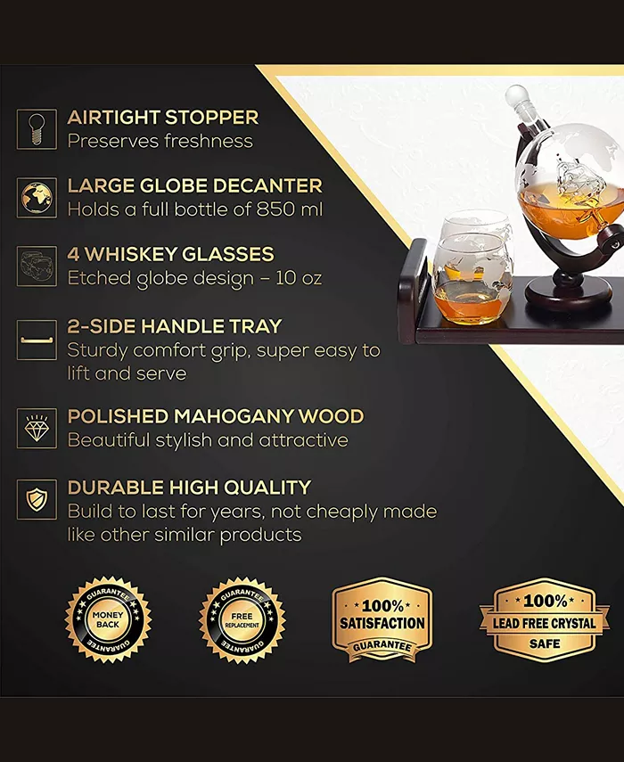 Bezrat Globe Whisky Decanter Gift Set with Glasses and Tray 6 Pieces