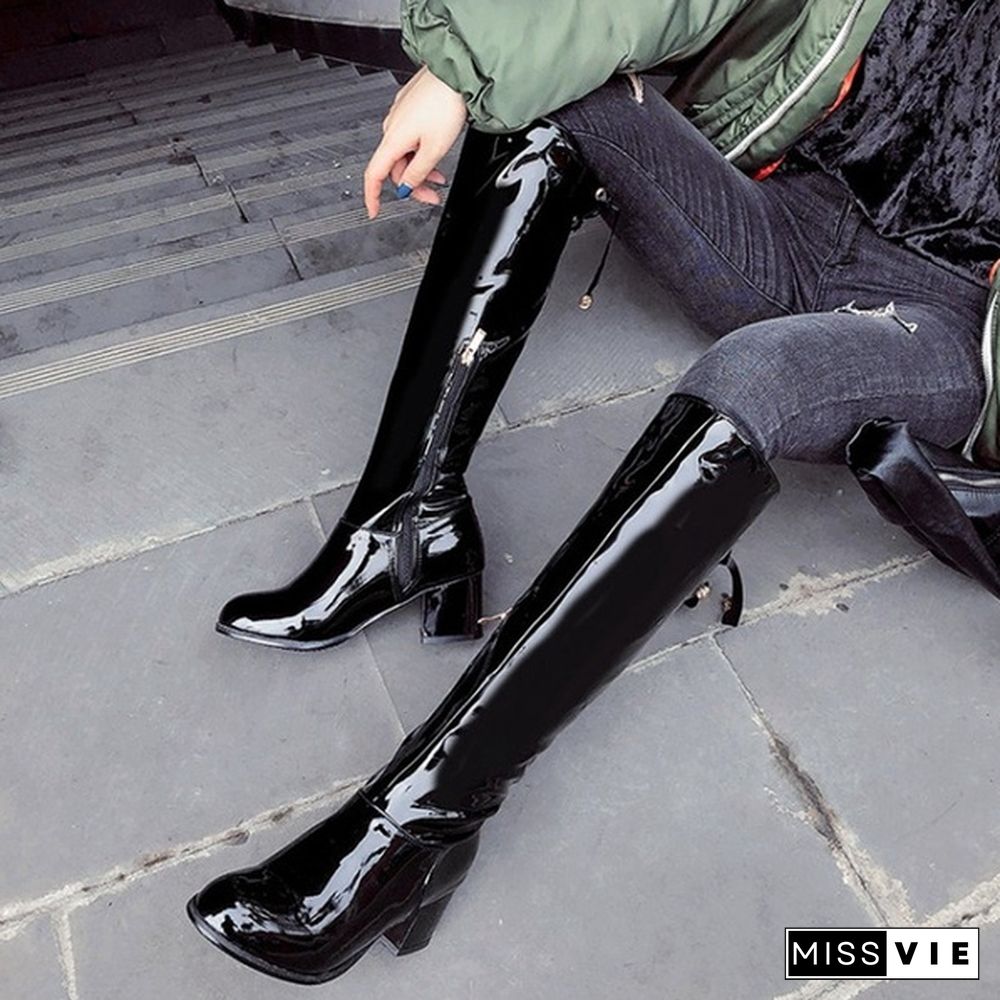 Women Knee High Boots Patent Leather Shoes Chunky Mid Heel Winter Boots Spring Autumn Fashion Plus Size