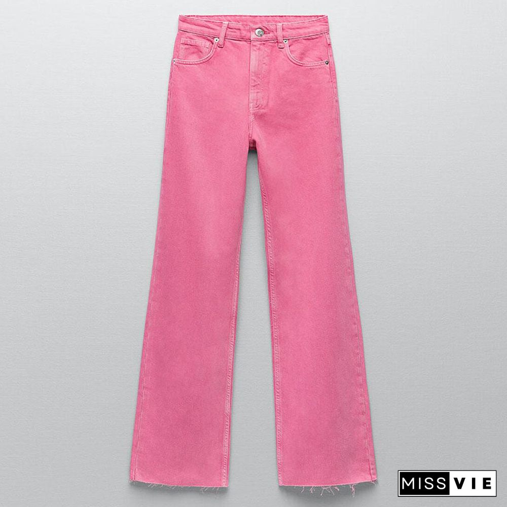 Spring Autumn Women Vintage Blue Pink Denim Trousers Casual Solid Pockets High Waist Straight Jeans Pants Ladies Mujer