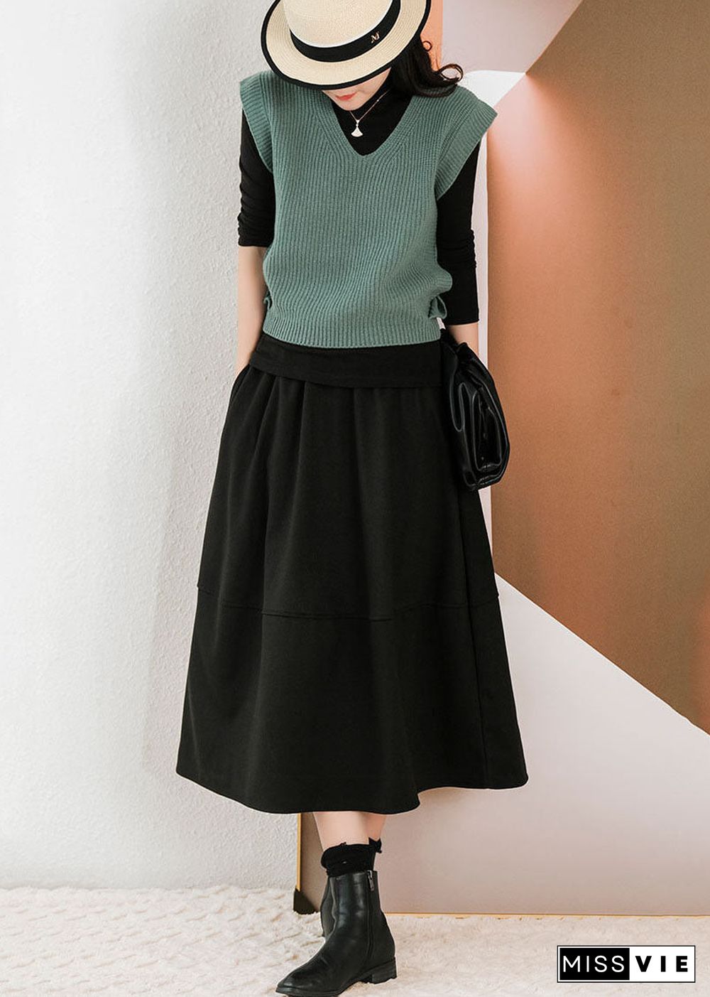 Black Patchwork Thick Woolen A Line Skirts Winter