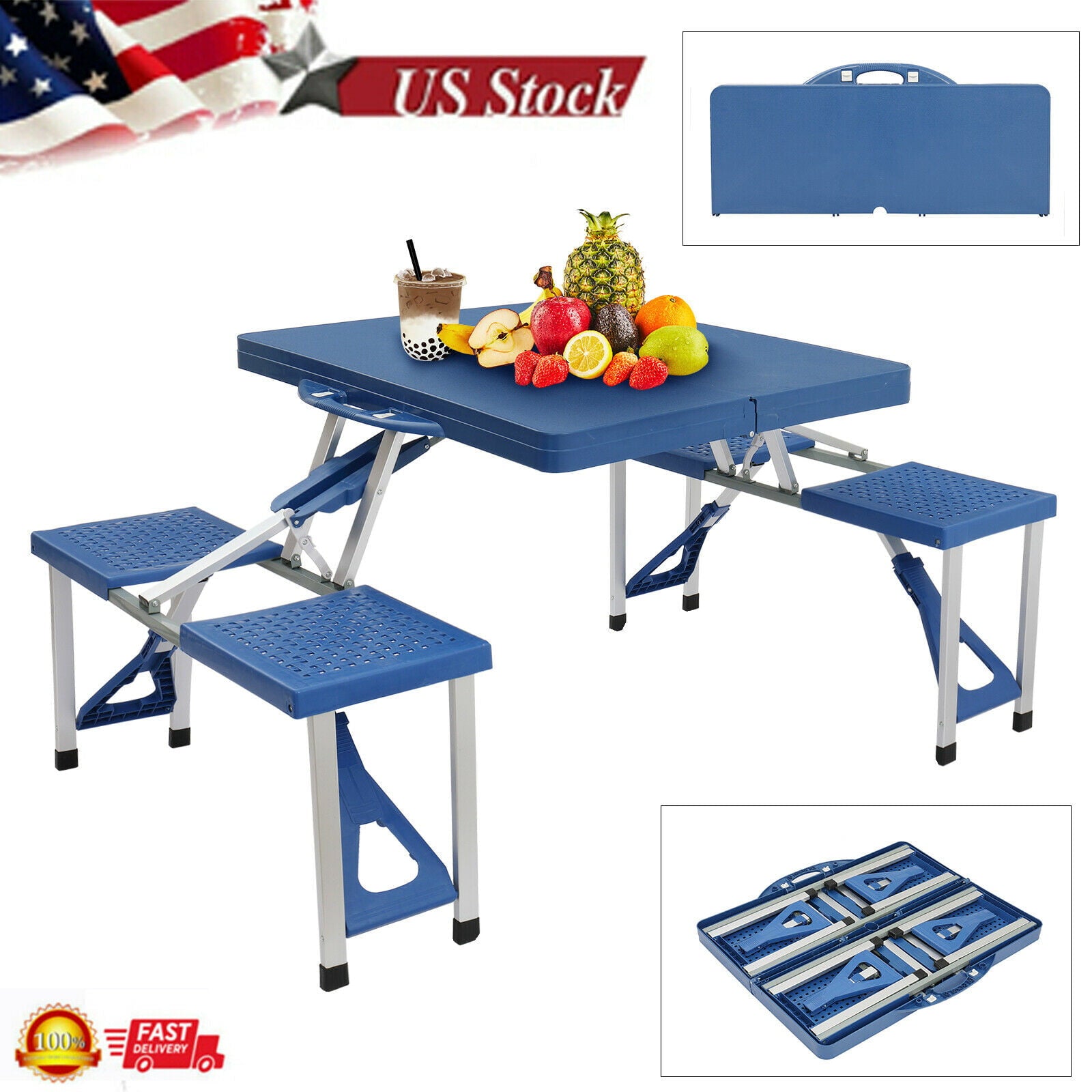 New Arrival Folding Picnic Table and Beach Set， Siamese Tables and Chairs Set， Aluminum Alloy Portable Desk with 4 Seats for Indoor Outdoor Travel， Camping.Hole for Parasol， Foldable