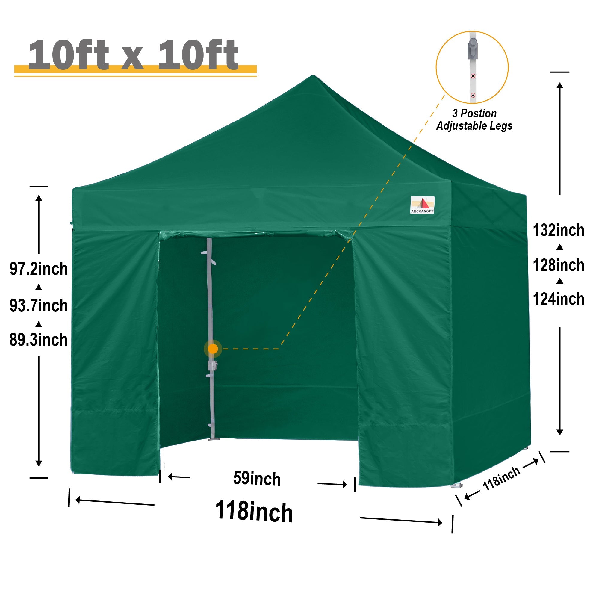 ABCCANOPY 10 ft x 10 ft Metal Pop-Up Commercial Canopy Tent with walls, Green