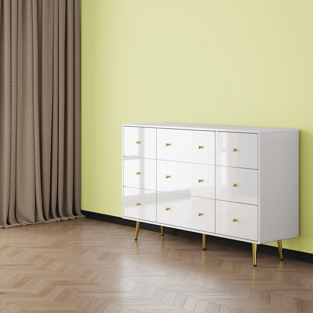 Contemporary 9 Drawer Dresser   High Gloss Finish with Gold Legs Chest