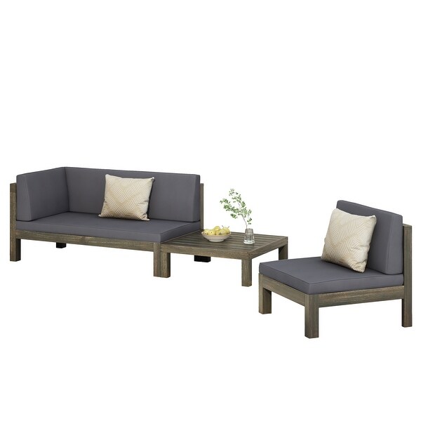 Brava Outdoor Acacia Wood Left Arm Loveseat Coffee Table and Chair Conversation Set with Cushions by Christopher Knight Home