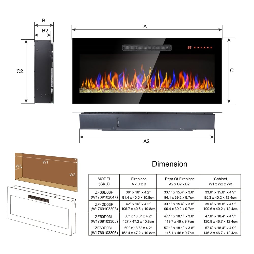 36 60in. Black Recessed Wall Mounted Electric Fireplace by Real Flame