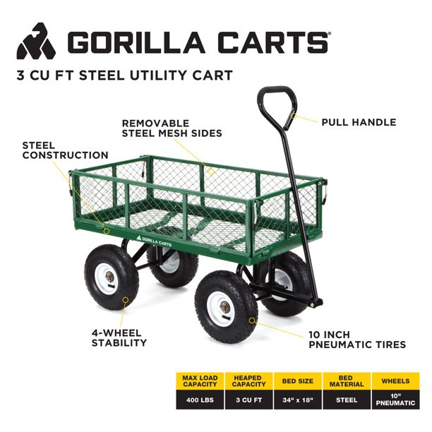 Gorilla Carts GOR400 400 Pounds Steel Mesh Garden Cart with 10-Inch Tires