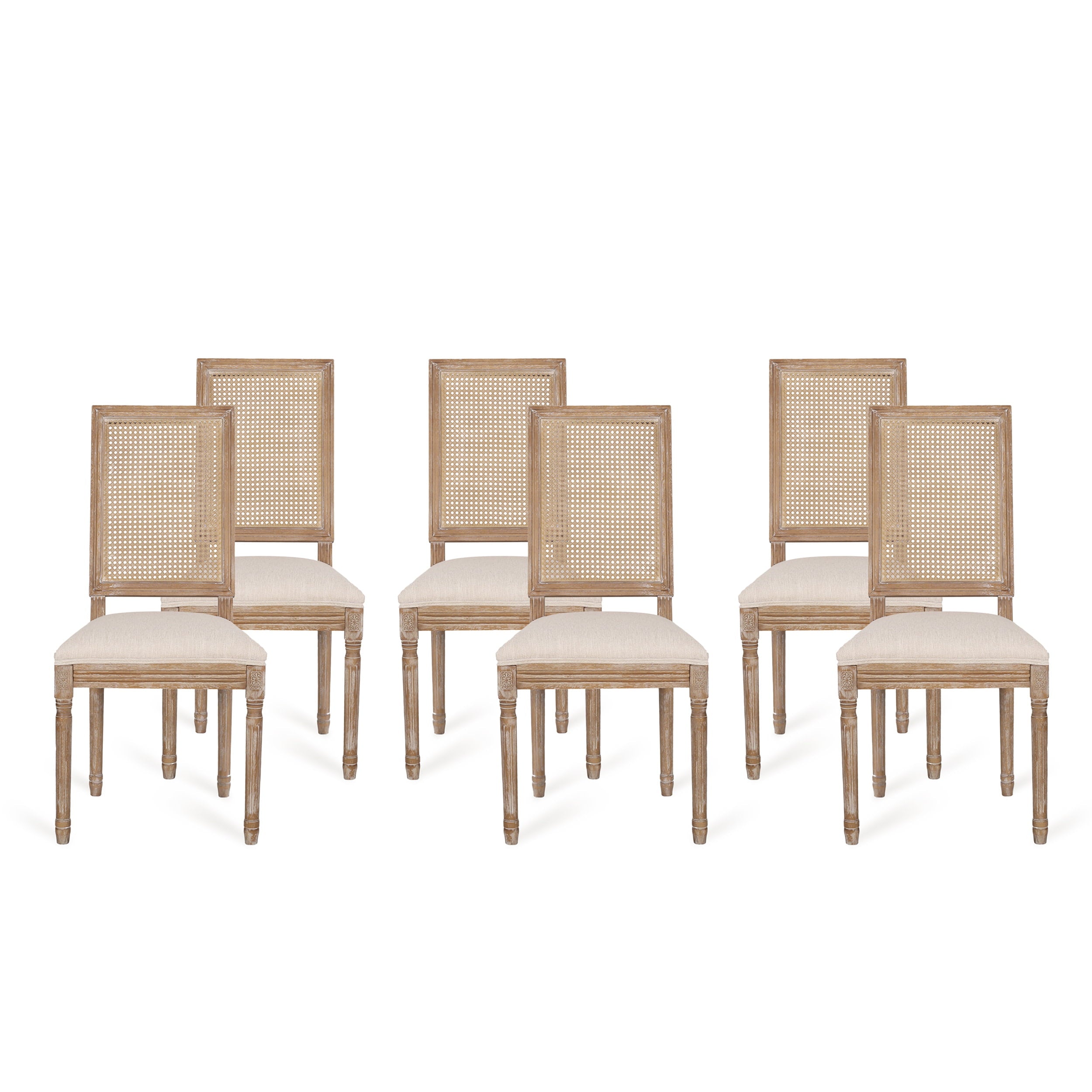 GDF Studio Brownell French Country Wood and Cane Upholstered Dining Chairs， Set of 6， Beige and Natural