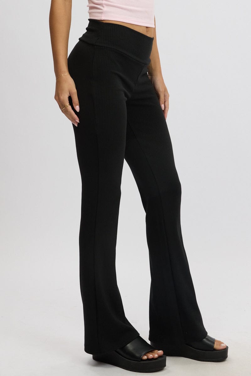 Black Fold Back Flare Leg Pants