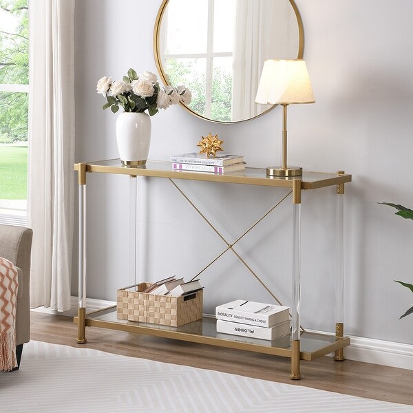 Grondin Modern Contemporary 2-Tier Console Table with Tempered Glass Top， Bottom Shelf， Steel and Acrylic Frame