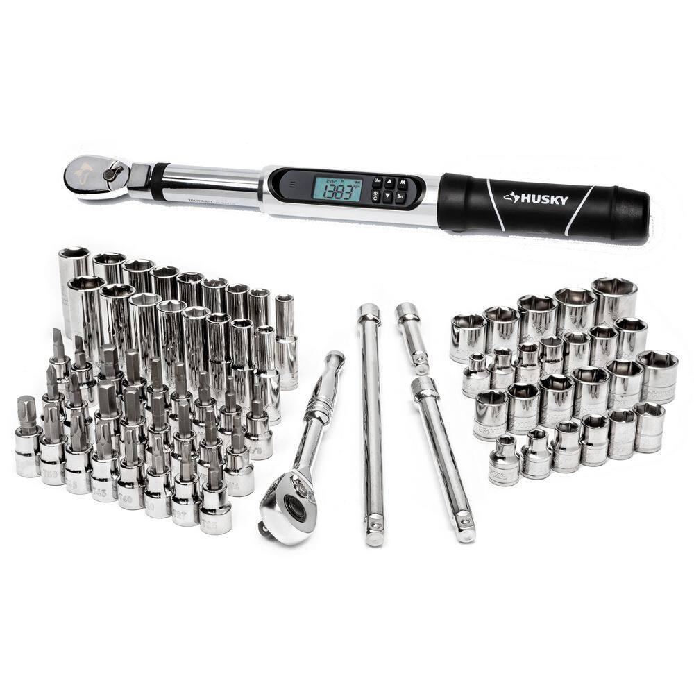 Husky 38 in. Drive Mechanics Tool Set with 38 in. Drive 10-100 ft.lbs. Electronic Torque Wrench (71-Piece) H70MTS3DETWCB