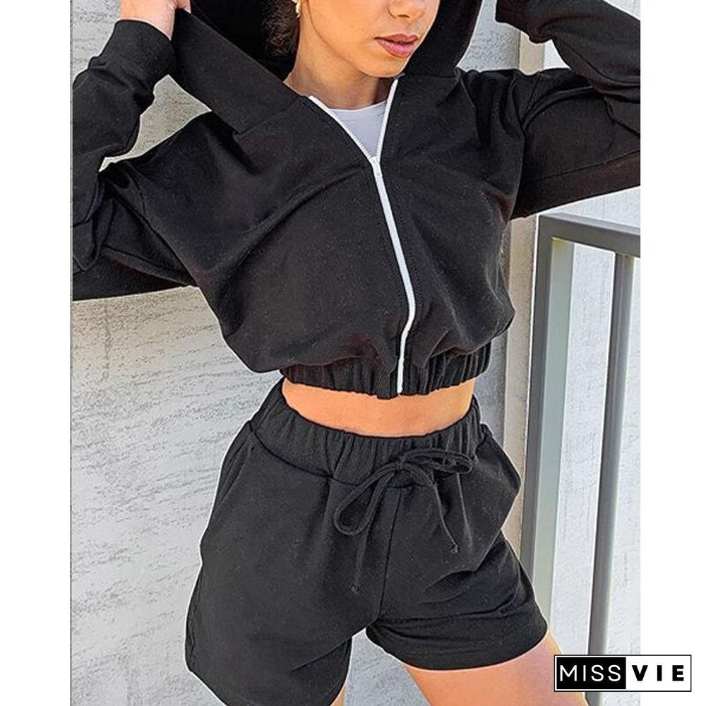 Women Autumn Sexy Solid Outfits New Hooded Zipper Long Sleeve Short Sweatshirts + Sports Shorts Suits Casual Tracksuits 2Pcs Set