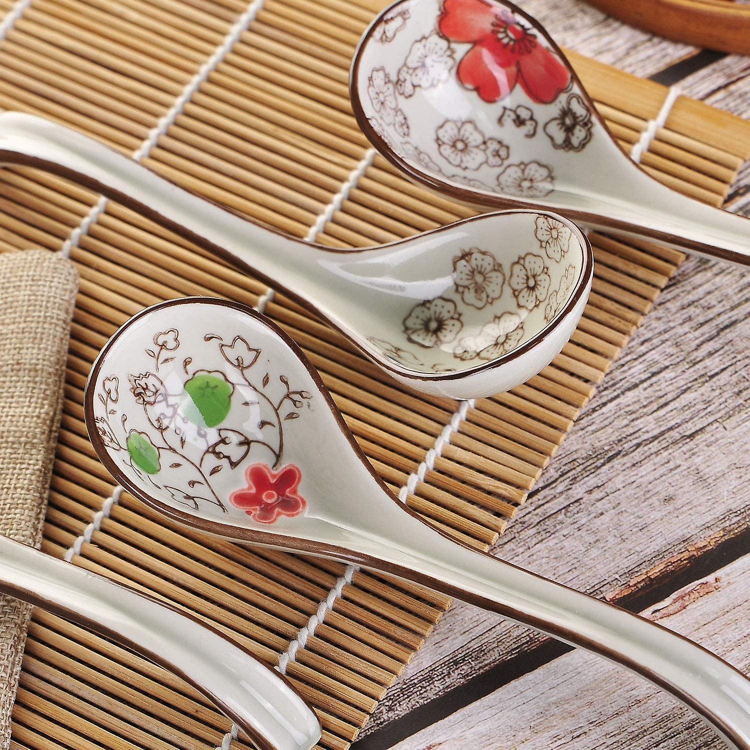 Set Of 4 Chinese/japanese Ceramic Soup Spoons， Vintage Hand Painted Floral Pattern Ceramic Spoon