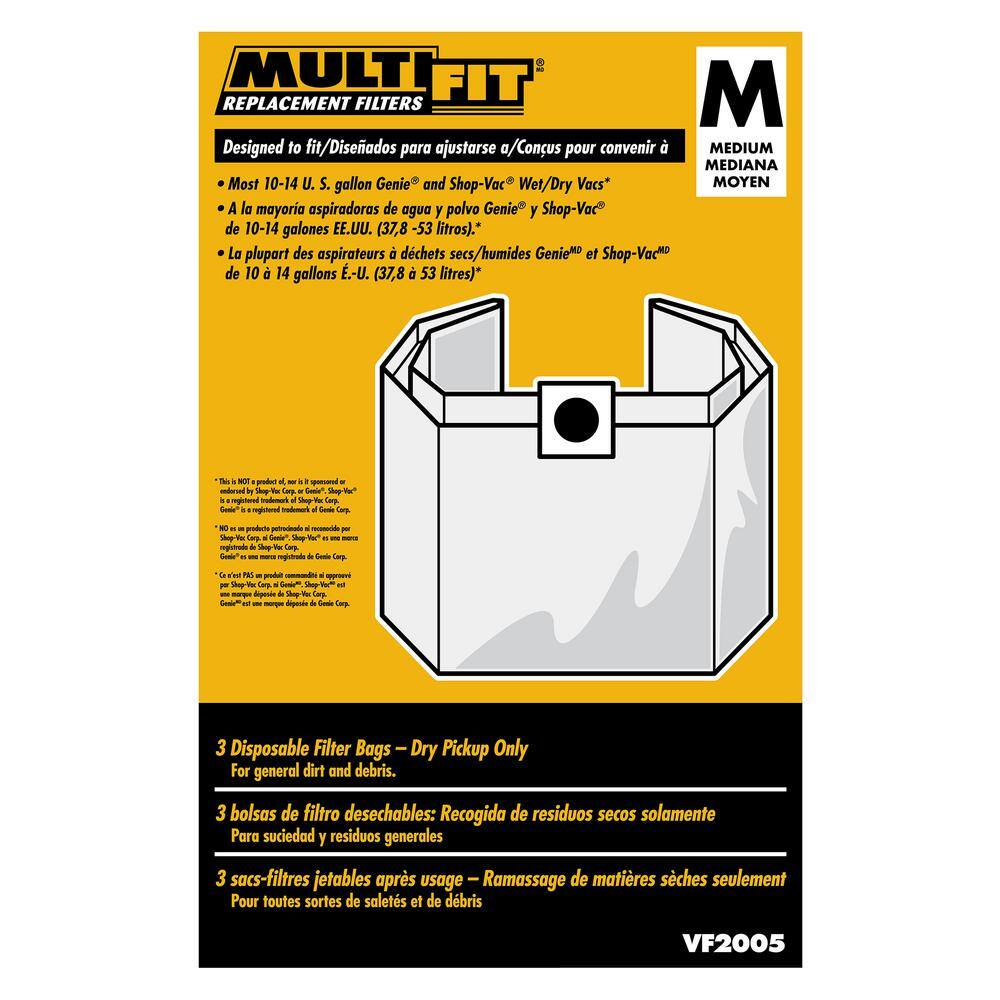 MULTI FIT 10 Gallon to 14 Gallon Dust Collection Bags for Shop-Vac Branded WetDry Shop Vacuums (3-Pack) VF2005