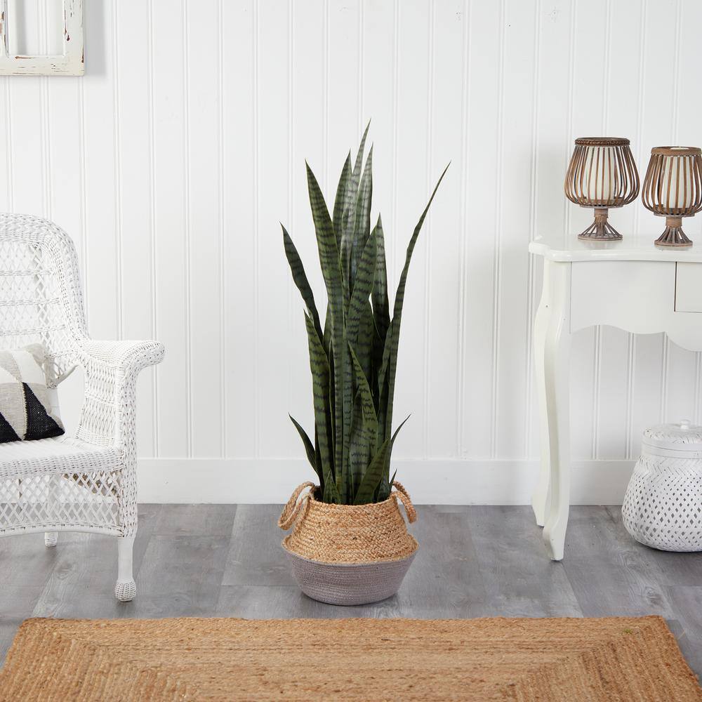 Nearly Natural 46 in. Green Sansevieria Artificial Plant in Boho Chic Handmade Cotton and Jute White Woven Planter P1763