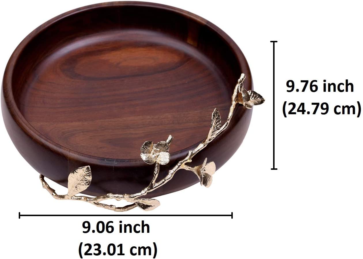 The Milli Collection Acacia Wood Small Round Bowl Gold Finished Brass bottom and Detailing Branch Embellishment Sufficient Holding Capacity Wood Serving Bowl For Kitchen Restaurant Bistro CafÃ©