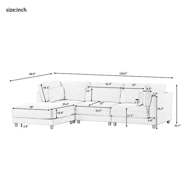 2 Pieces Upholstered Sectional Sofa， Modern Chaise Lounge Couch with Removable Ottomans and Comfortable Waist Pillows