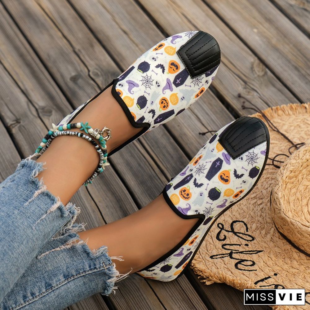 Halloween Purple Casual Patchwork Printing Round Comfortable Flats Shoes