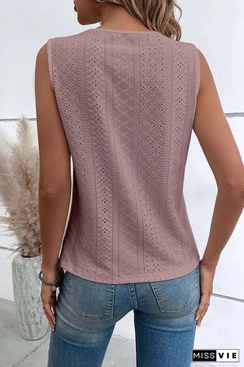 V Neck Jacquard Eyelet Tank Top