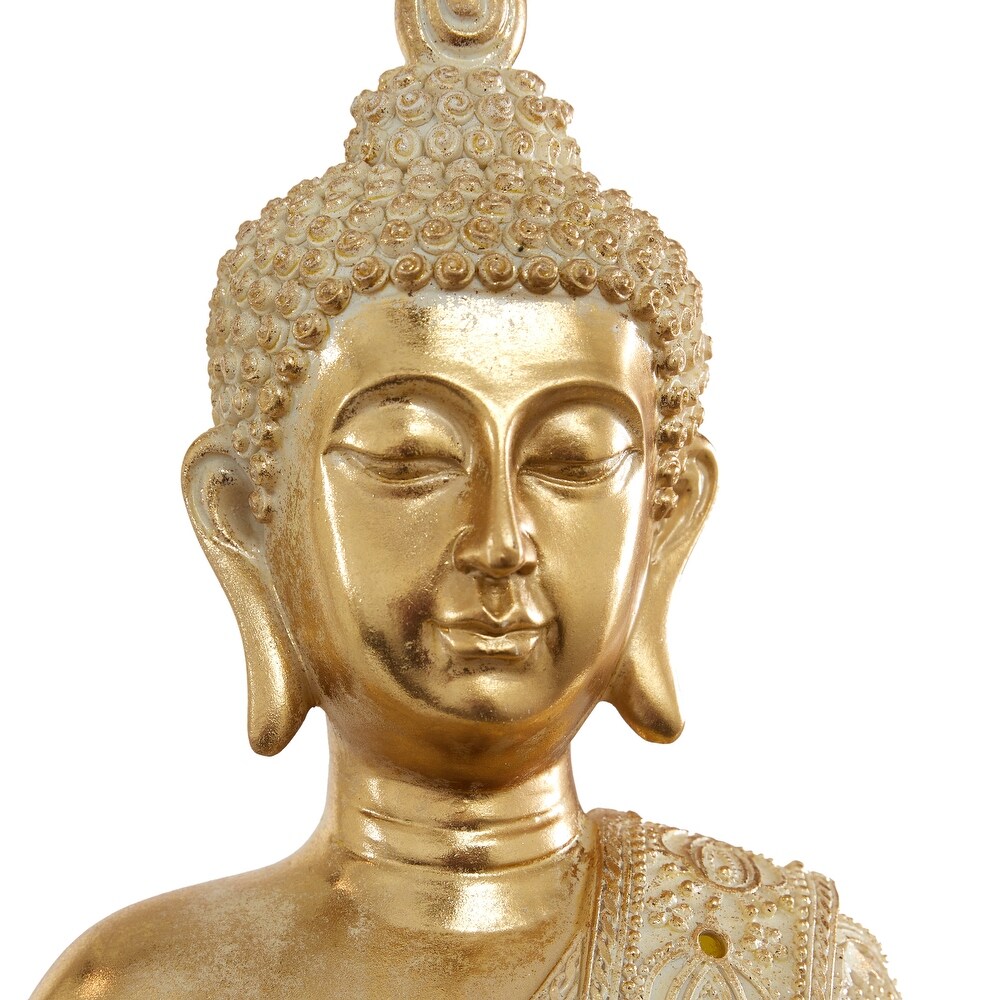 Gold Polystone Meditating Carved Buddha Sculpture with Intricate Carvings and Mirrored Embellishments   14 x 9 x 20