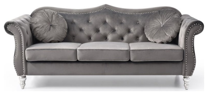 Pemberly Row17 quotTransitional Velvet Tufted Sofa with 2 Pillows in Dark Gray   Traditional   Sofas   by Homesquare  Houzz