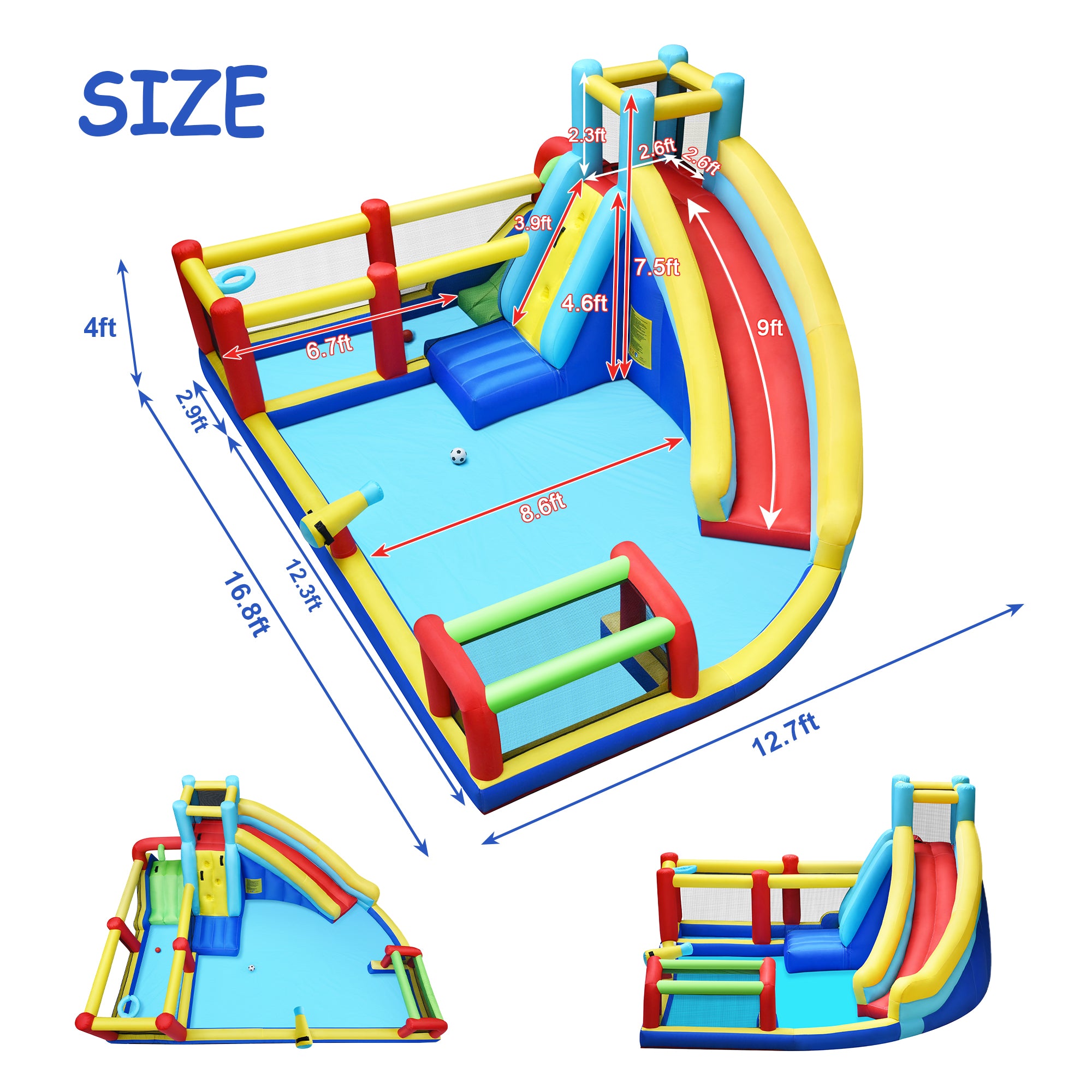 Track 7 Inflatable Water Park for Boys Girls,W/Pool,Water Cannon,Basketball Rim,Soccer Goal,Oxford