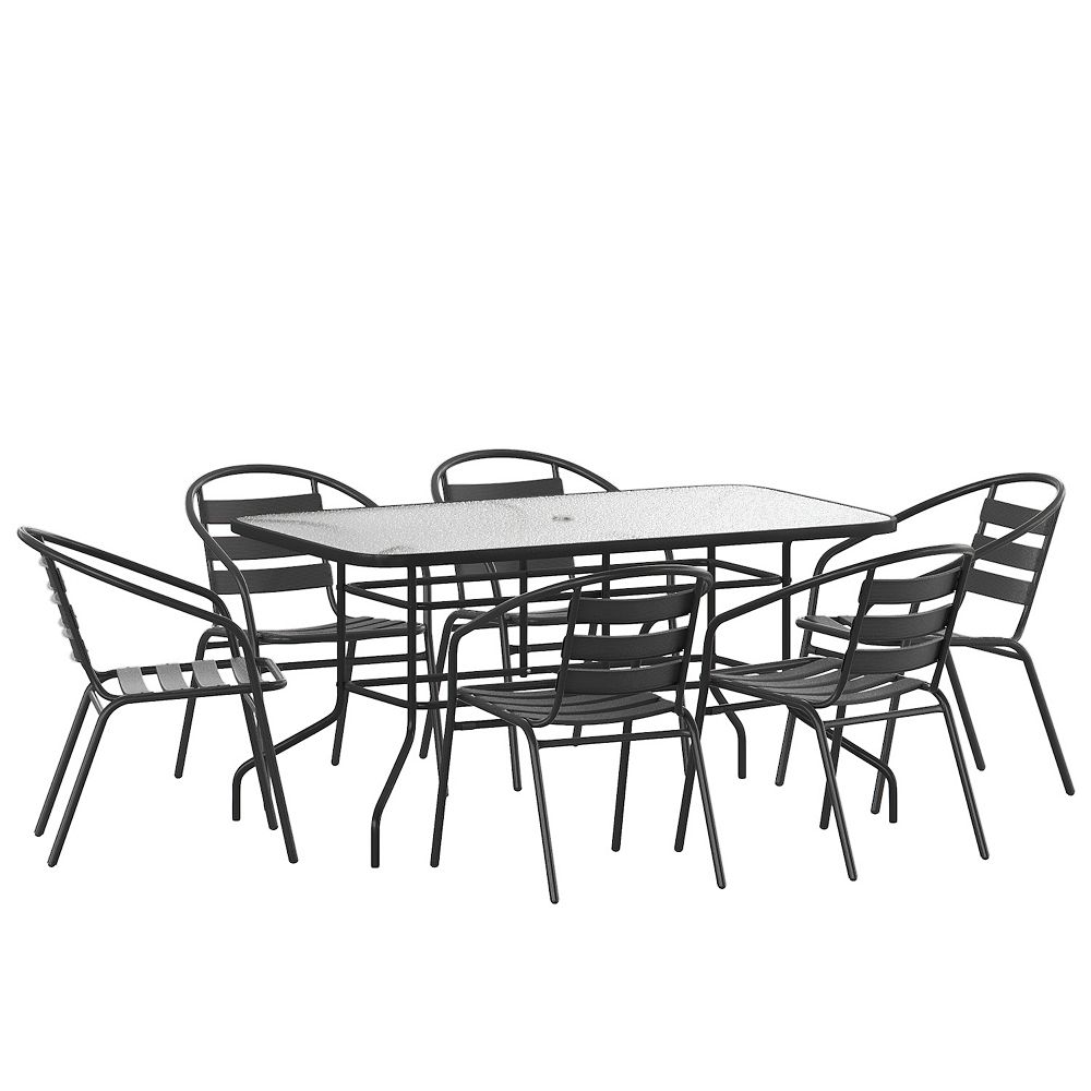 Emma and Oliver 7 Piece Patio Table and Chairs Set with 31.5x55 Rectangular Metal Table with Tempered Glass Top and 6 Black Aluminum Stacking Chairs