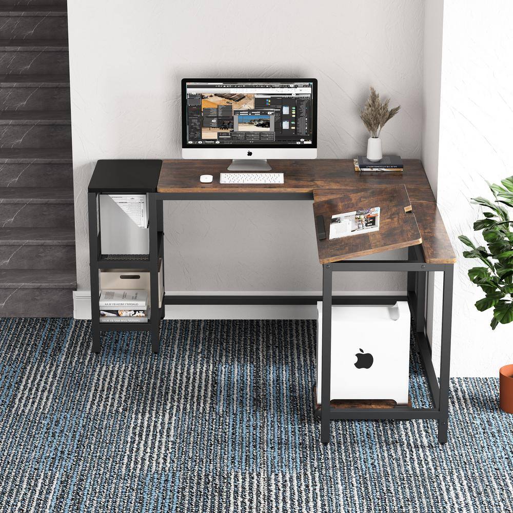 TRIBESIGNS WAY TO ORIGIN Halseey 59.05 in. L-Shape Black Metal Brown Particle Board Wood Top Corner Computer Desk with Storage Shelf HD-JW0222-WZZ