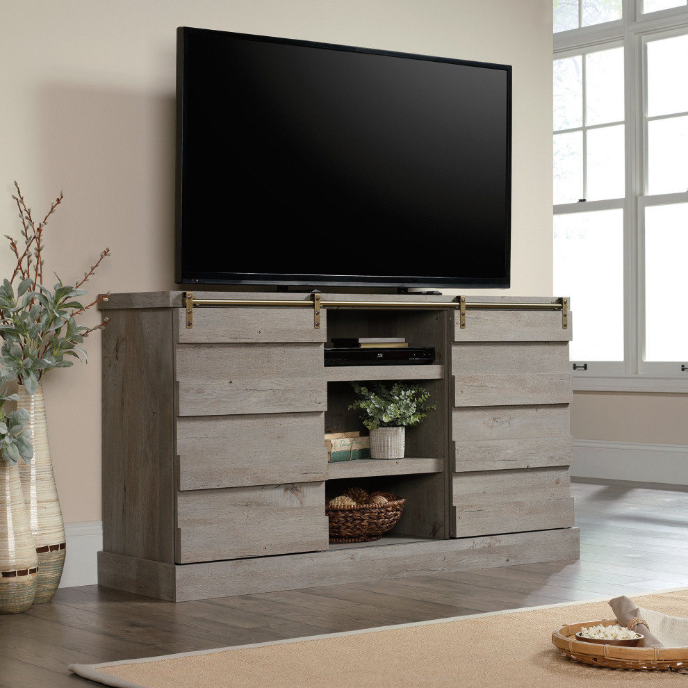 Rustic TV Stand  Channel Accented Sliding Doors With Gold Track  Mystic Oak   Rustic   Entertainment Centers And Tv Stands   by Declusia  Houzz