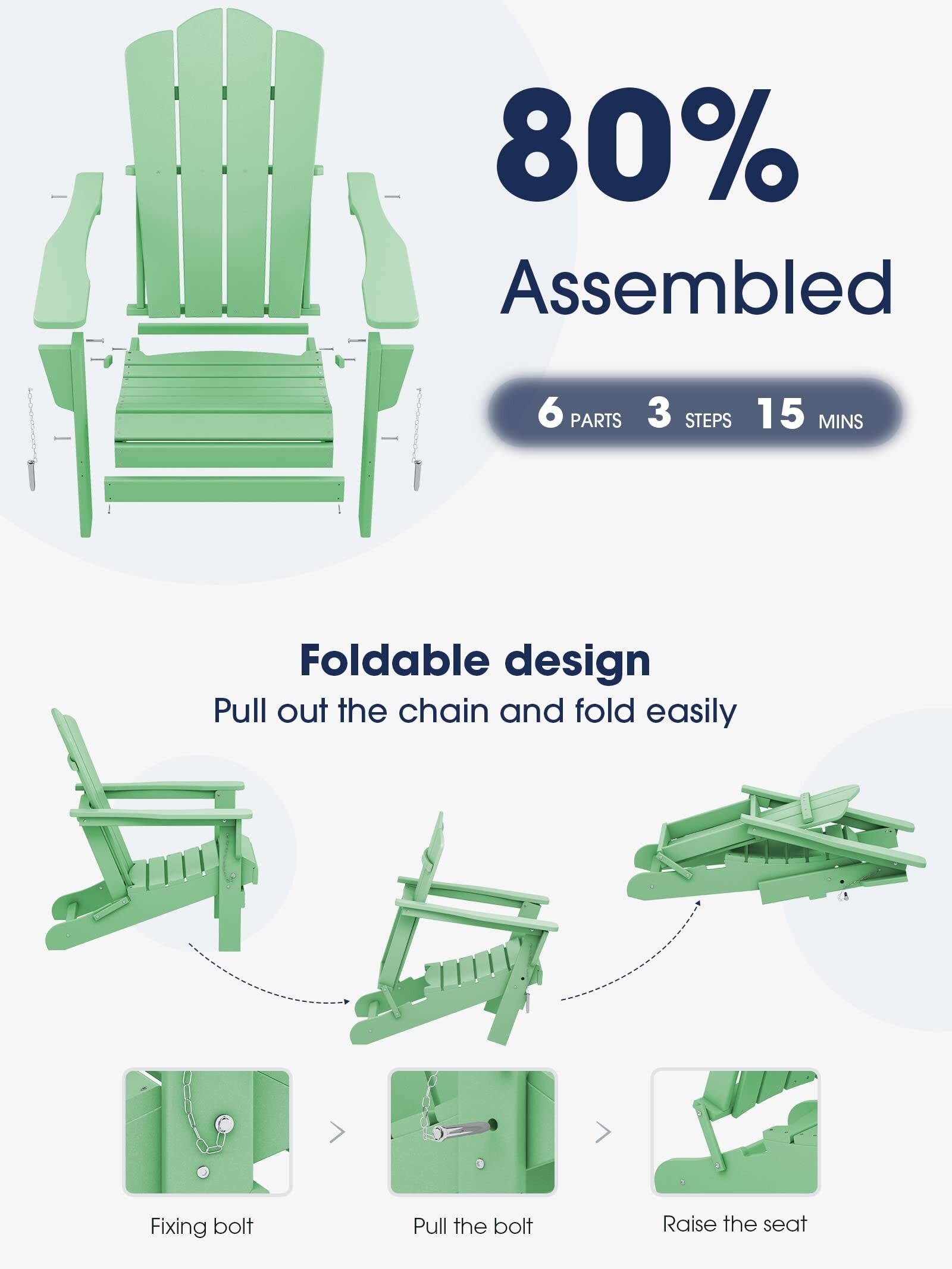 Outdoor Patio Folding Plastic Adirondack Chair for Garden, Light Green