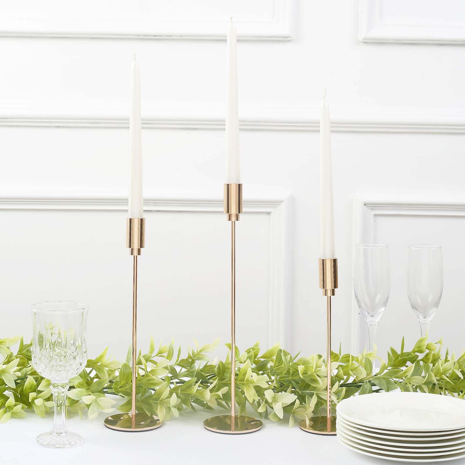 Set of 3 Gold Metal Taper Candle Stands With Round Solid Base, Decorative Candlestick Holder Set 9