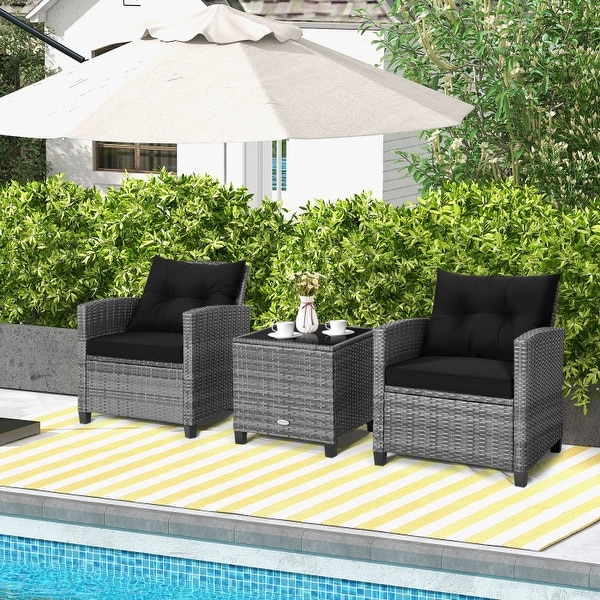 3Piece Outdoor Wicker Patio Furniture Set with Tempered Glass Coffee Table