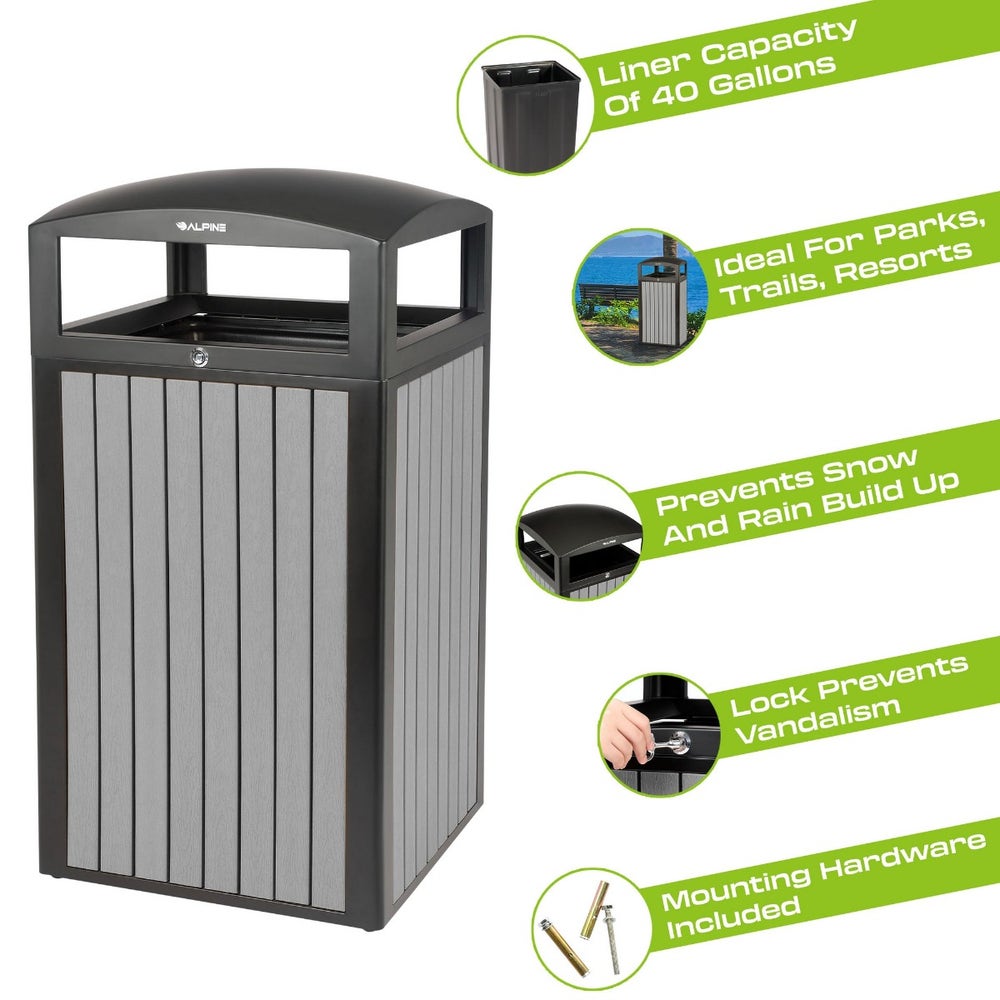 Alpine ALP471-40-WD-GRY 40-Gallon Outdoor Trash Can with Slatted， Recycled Plastic Panels， Gray