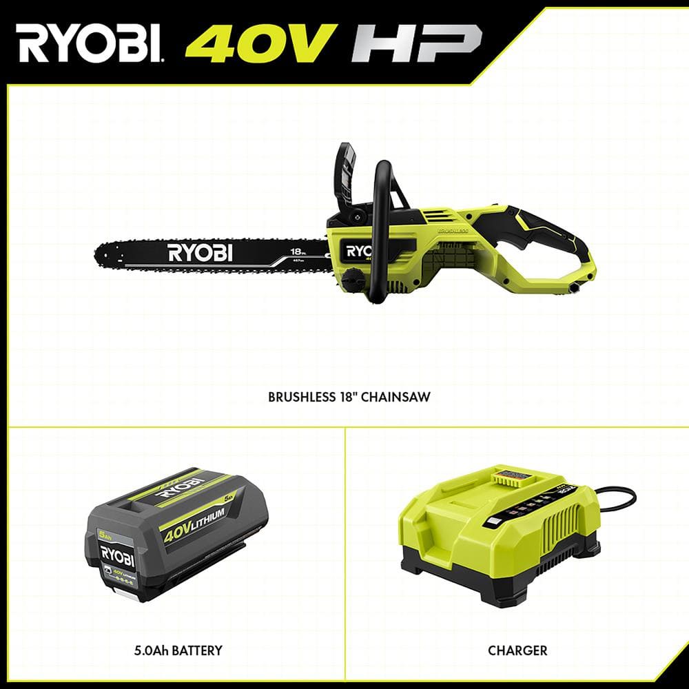 RYOBI 40V HP Brushless 18 in. Battery Chainsaw with 5.0 Ah Battery and Charger RY40580