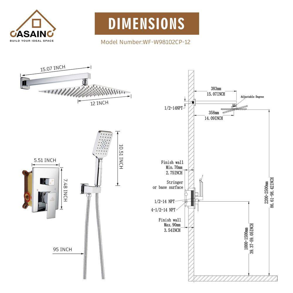 CASAINC 3-Spray Patterns with 2.5 GPM 12 in. 2 Functions Wall Mount Handheld Shower Head in Chrome (Value Included) W98102CP-12