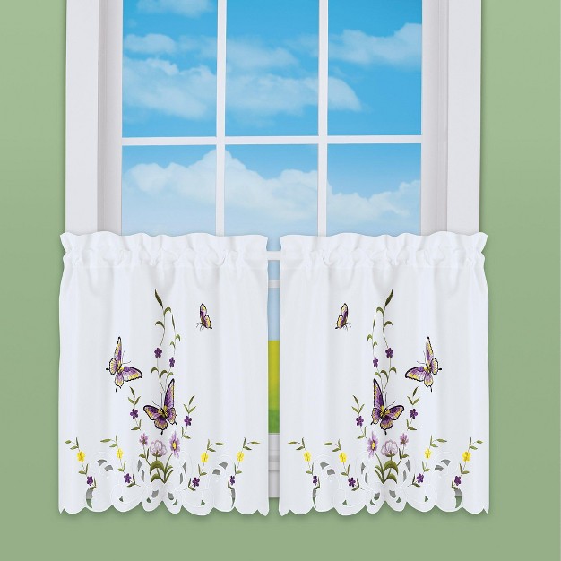 Collections Etc Embroidered Lavender Butterfly Floral Window Curtains