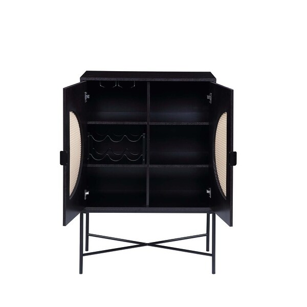 2 Doors Bar Cabinet with Wine Racks and Cup Holders in Black Finish