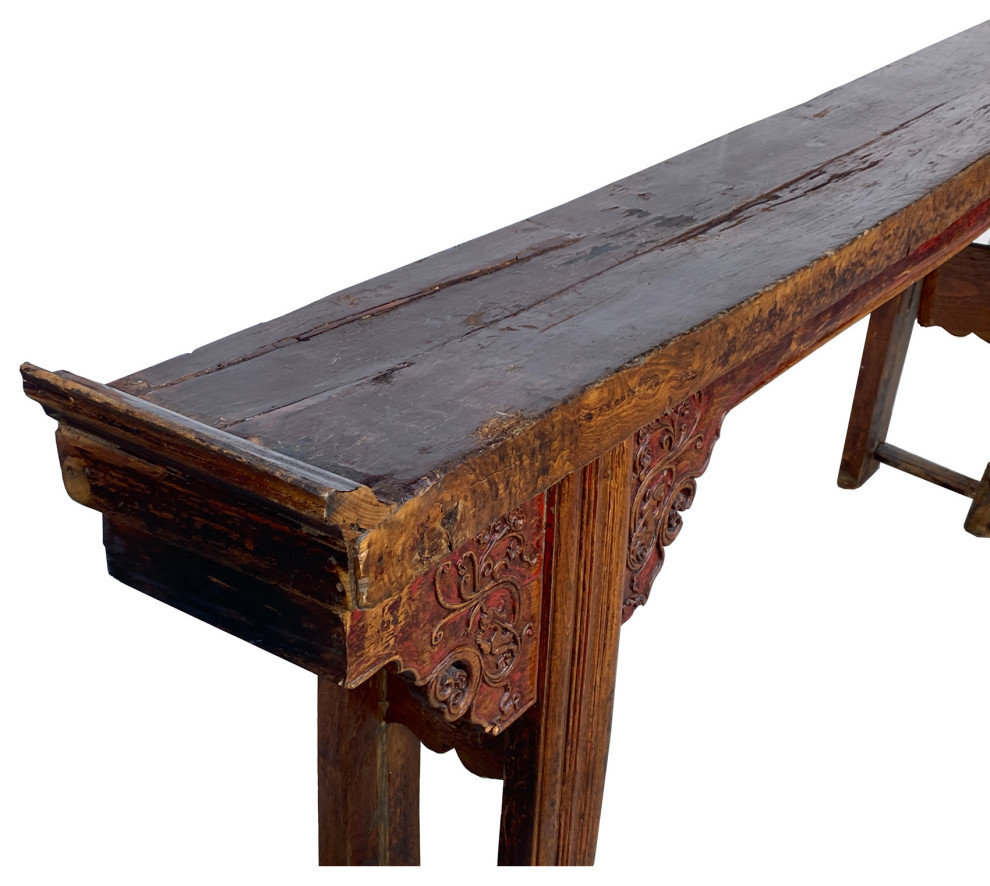 Chinese Rustic Brown Vintage Ru Yi Wood Side Altar Console Table Hcs5969   Asian   Console Tables   by Golden Lotus Antiques  Houzz